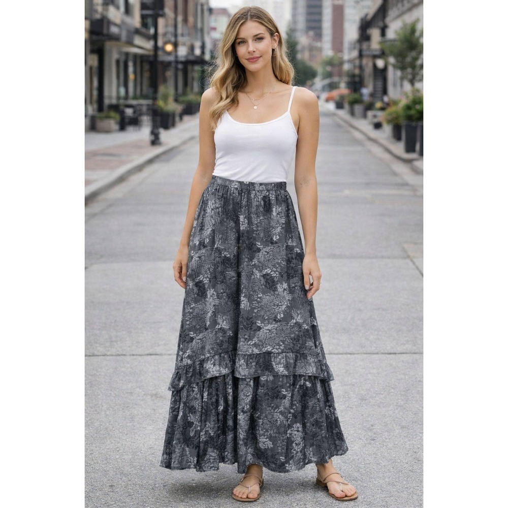Splendid Collection Women's M Charcoal Floral Print Maxi Skirt Elastic Waist‎